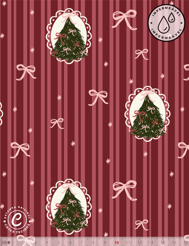 Tecido Sarja Impermeável Especial Coleção Natal Coquette - Listras e Molduras Natalinas - 100% Algodão - Largura 1,50m