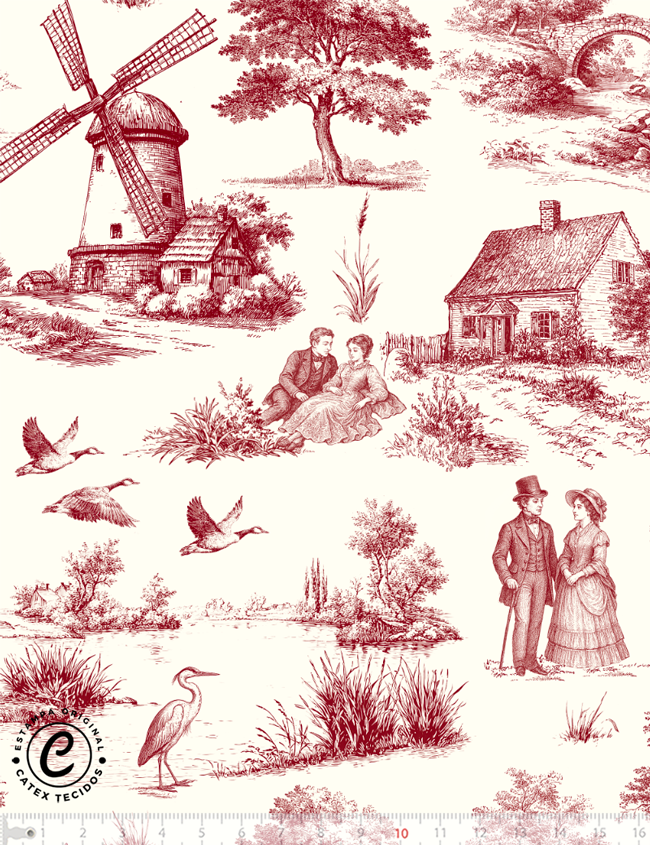 Tecido Tricoline Especial Toile de Jouy Campestre - Cenas Campestres - Vermelho - 100% Algodão - Largura 1,50m