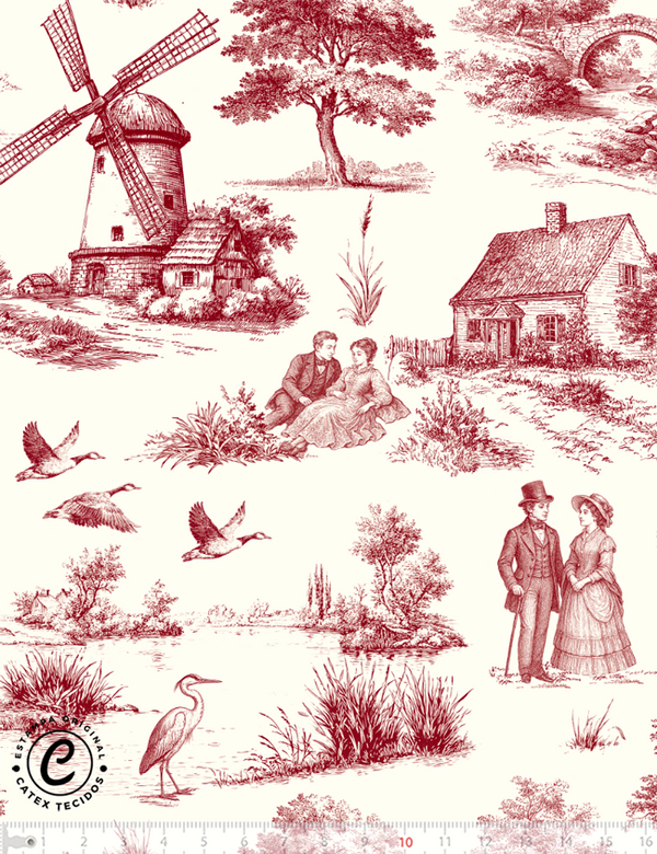 Tecido Tricoline Especial Toile de Jouy Campestre - Cenas Campestres - Vermelho - 100% Algodão - Largura 1,50m