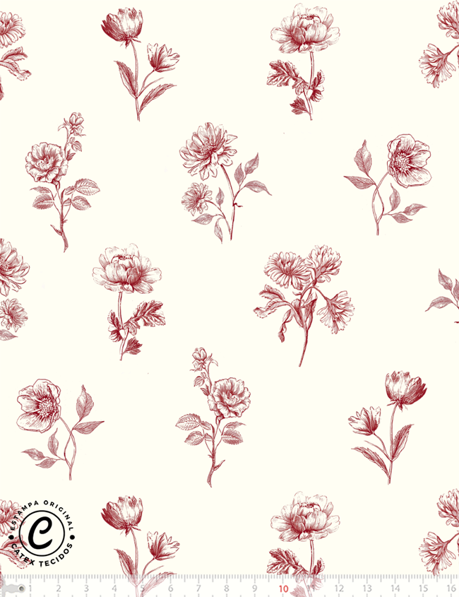 Tecido Tricoline Especial Toile de Jouy Campestre - Botânica Vermelha - 100% Algodão - Largura 1,50m