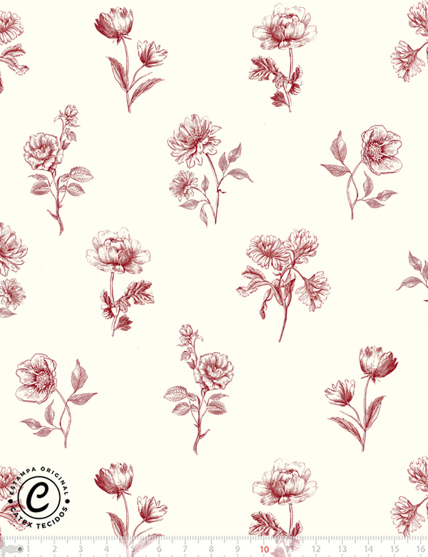 Tecido Tricoline Especial Toile de Jouy Campestre - Botânica Vermelha - 100% Algodão - Largura 1,50m