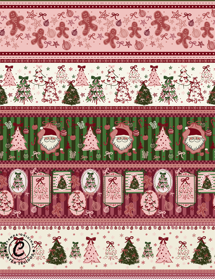 Tecido Tricoline Especial Coleção Natal Coquette - Barrado de Faixas Natalinas - 100% Algodão - Largura 1,50m