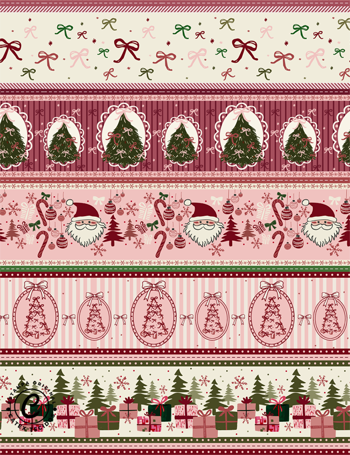 Tecido Tricoline Especial Coleção Natal Coquette - Barrado de Faixas Natalinas - 100% Algodão - Largura 1,50m