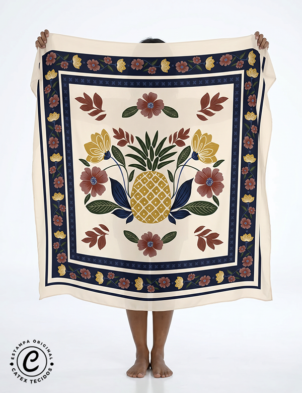 Tecido Viscose para Canga - Abacaxi Botânico - 100% Viscose - 1,30m x 1,40m