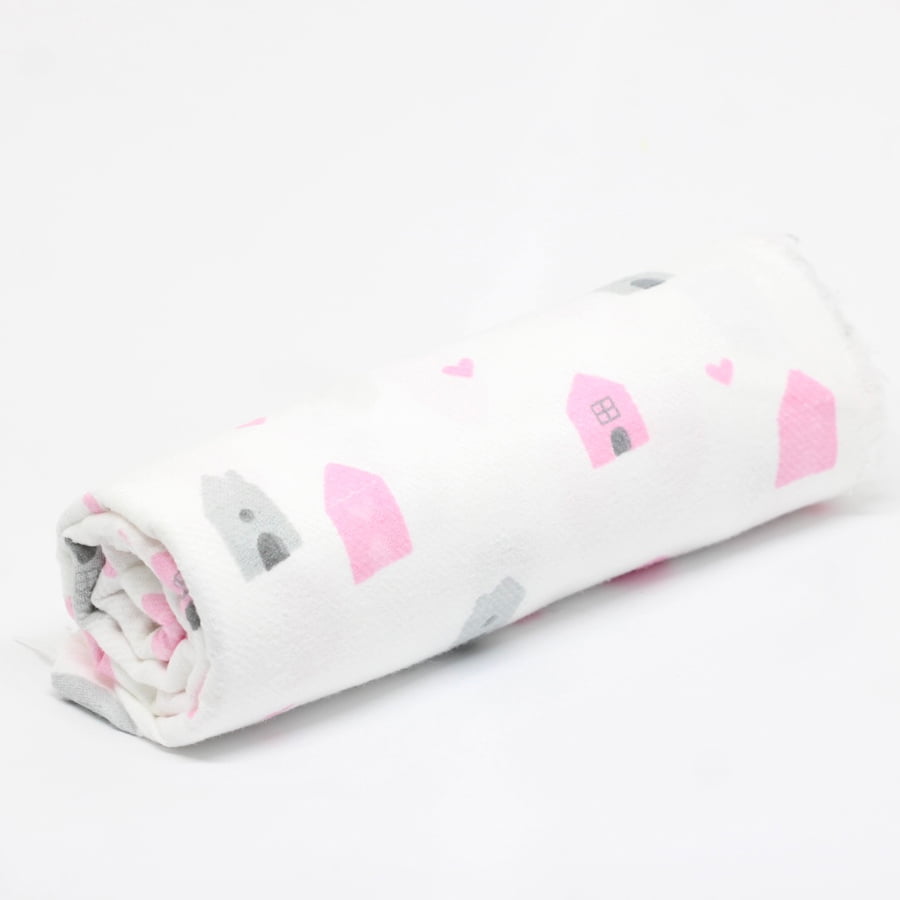 Tecido Flanela Baby - Casinhas e Corações - Branco - 100% Algodão - Largura: 80cm