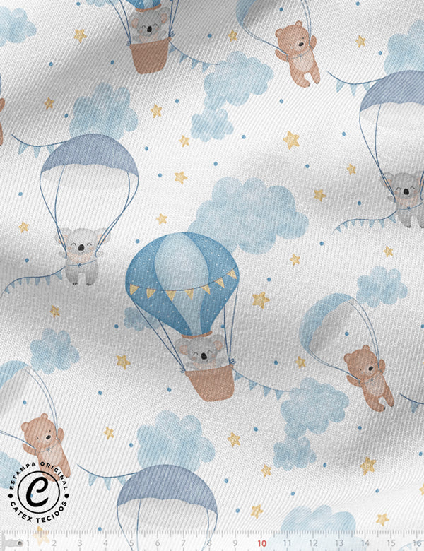 Tecido Flanela Baby Especial - Coleção Bichinhos nas Nuvens - Balões e Paraquedas Azul - 100% Algodão - Largura: 1,44m