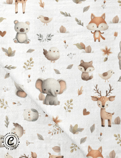 Tecido Fralda Estampada - Bichinhos da Floresta - 100% Algodão - Largura 70 cm