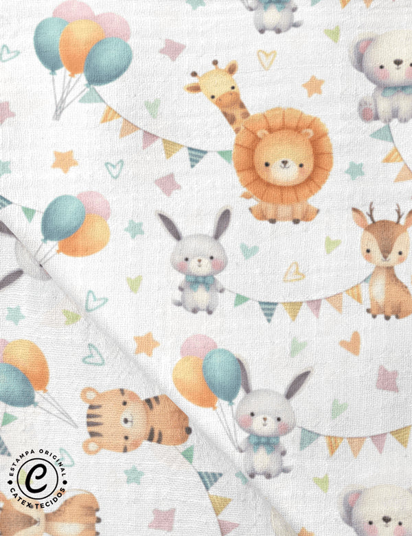 Tecido Fralda Estampada - Bichinhos e Bandeirinhas Coloridas - 100% Algodão - 70cm x 70cm