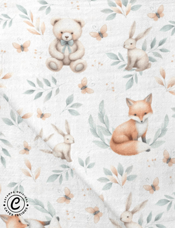 Tecido Fralda Estampada - Bichinhos e Folhas Tons Suaves - 100% Algodão - 70cm x 70cm