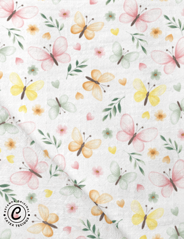 Tecido Fralda Estampada - Borboletas do Campo - 100% Algodão - 70cm x 70cm