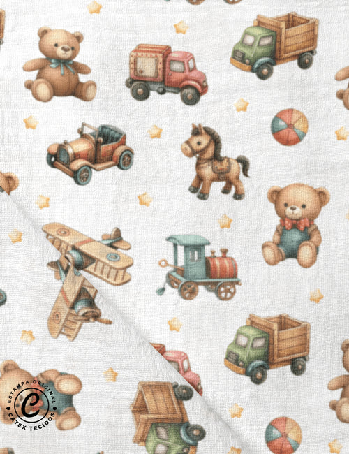 Tecido Fralda Estampada - Brinquedos da Infância - 100% Algodão - Largura 70 cm