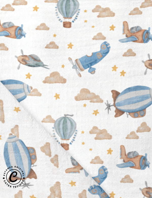 Tecido Fralda Estampada - Coleção Aviões Dreams - Aviões e Balões - 100% Algodão - 70cm x 70cm