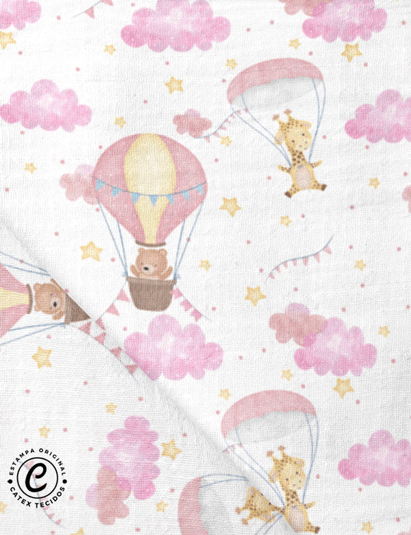 Tecido Fralda Estampada - Coleção Bichinhos nas Nuvens - Balões e Paraquedas Rosa - 100% Algodão - 70cm x 70cm