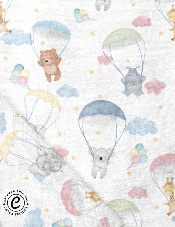 Tecido Fralda Estampada - Coleção Bichinhos nas Nuvens - Paraquedas Colorido - 100% Algodão - 70cm x 70cm
