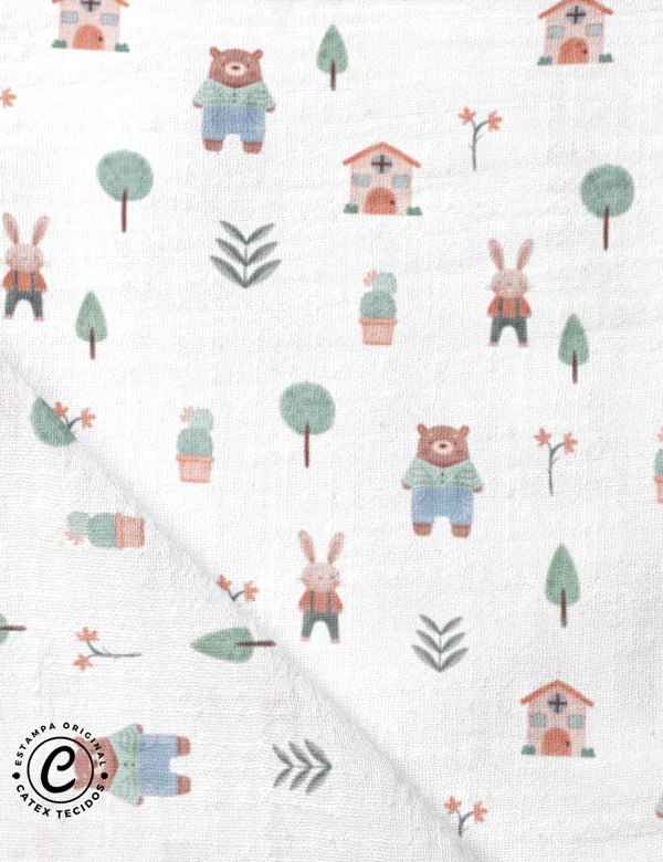 Tecido Fralda Estampada - Coleção Boho Baby - Vida no Bosque - 100% Algodão - 70cm x 70cm