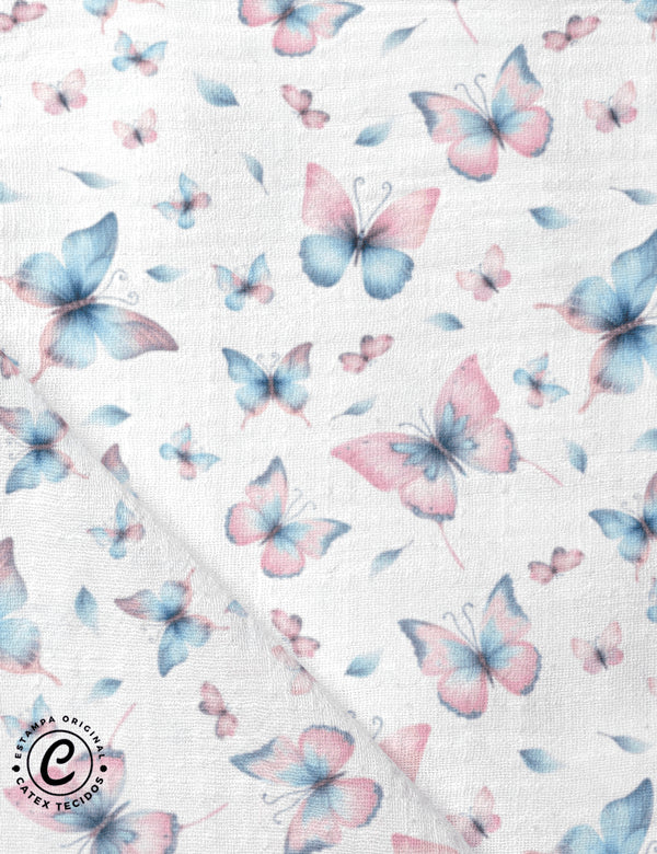 Tecido Fralda Estampada - Coleção Borboletas Aquarela - Borboletas - Fundo Branco - 100% Algodão - 70cm x 70cm