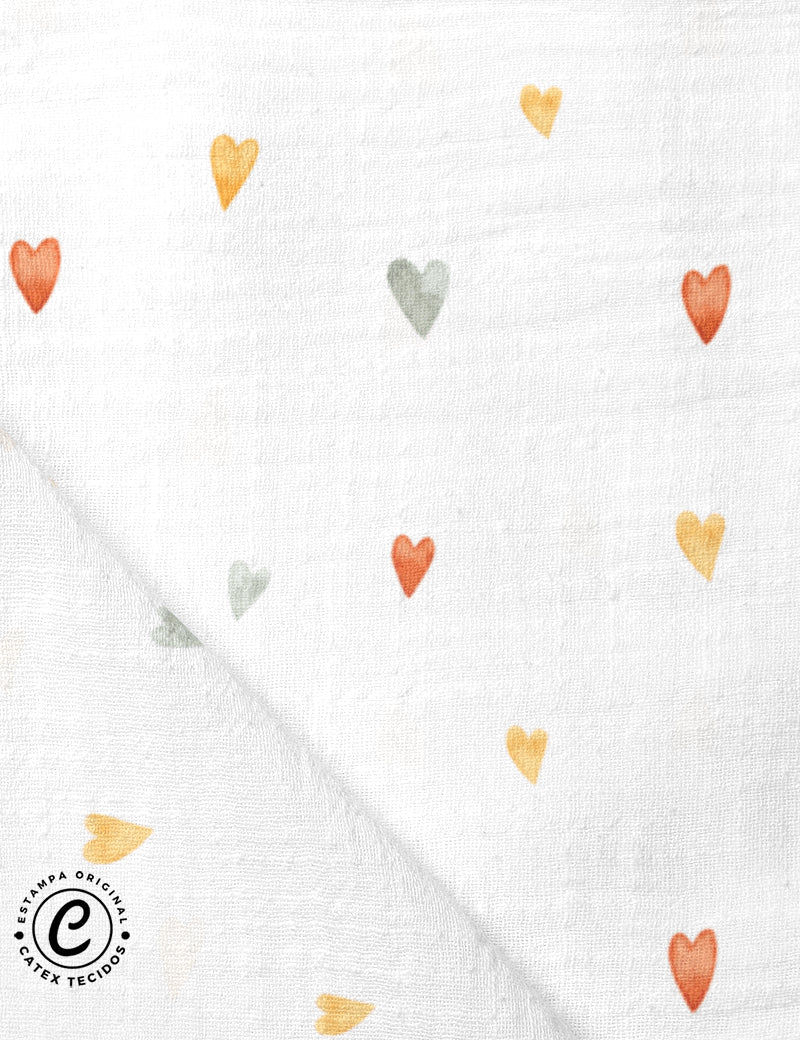 Tecido Fralda Estampada - Coleção Caminhos da Floresta - Corações - 100% Algodão - 70cm x 70cm