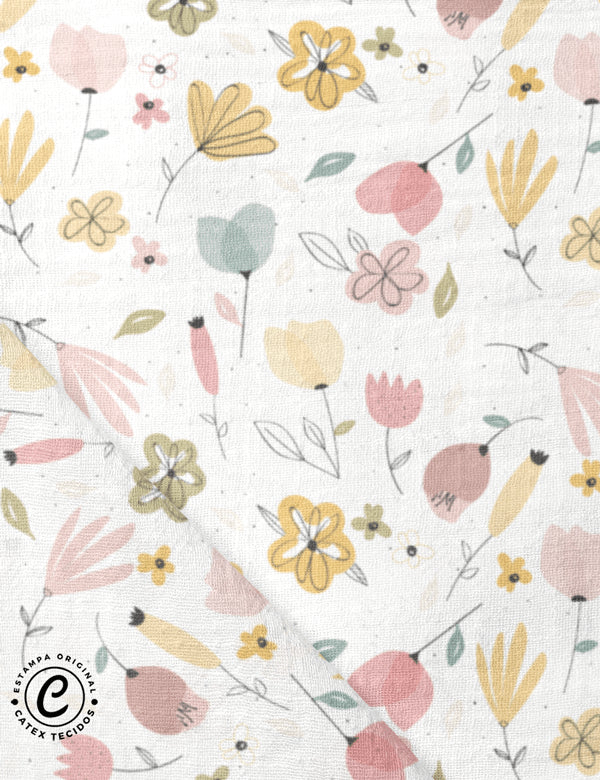 Tecido Fralda Estampada - Coleção Coelhinhos e Flores - Floral - 100% Algodão - 70cm x 70cm