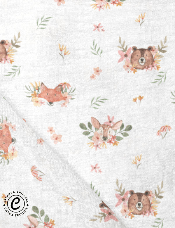 Tecido Fralda Estampada - Coleção Flores do Bosque - Rostinho Feliz - 100% Algodão - 70cm x 70cm
