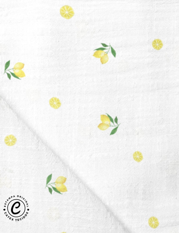 Tecido Fralda Estampada - Coleção Frutas Aquarela - Mini Limão Siciliano - 100% Algodão - 70cm x 70cm