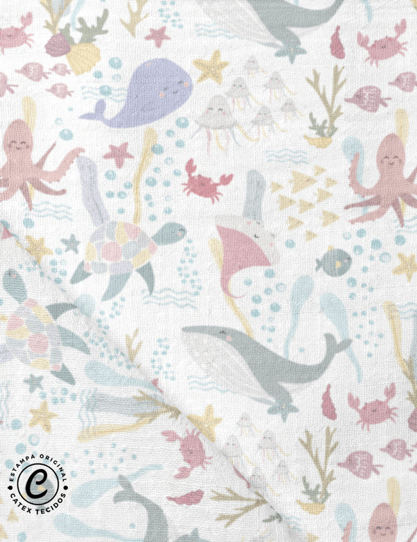 Tecido Fralda Estampada - Coleção Fundo do Mar - Amigos do Mar - 100% Algodão - 70cm x 70cm