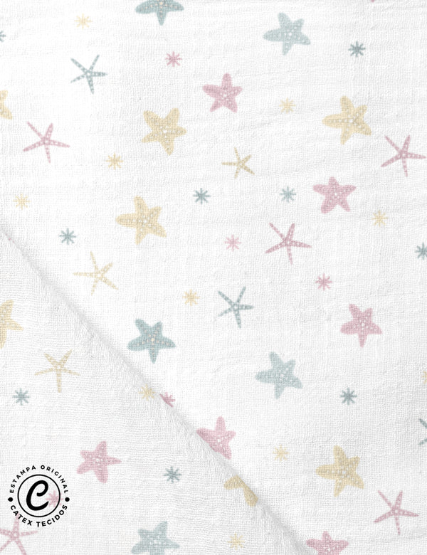 Tecido Fralda Estampada - Coleção Fundo do Mar - Estrelas do Mar - 100% Algodão - 70cm x 70cm