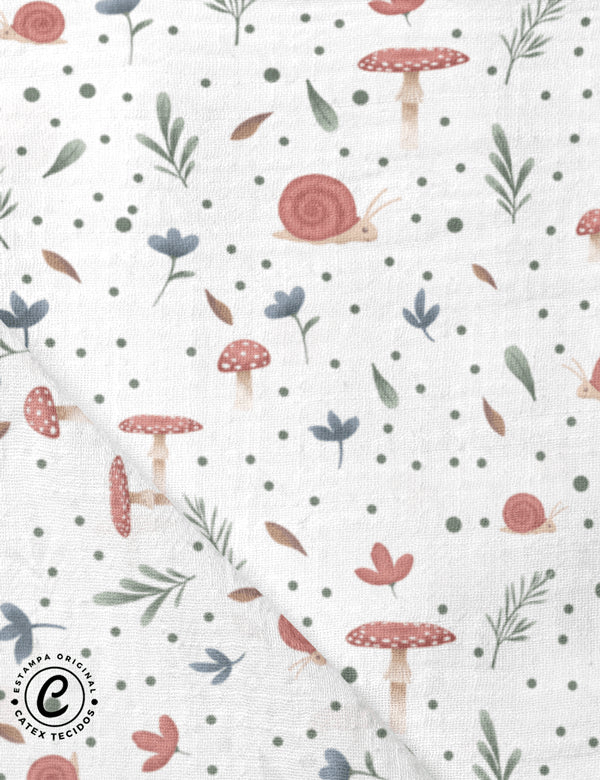 Tecido Fralda Estampada - Coleção Inverno na Floresta - Caracol - 100% Algodão - 70cm x 70cm