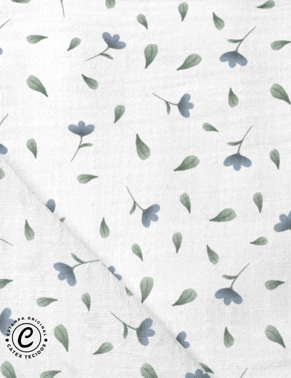 Tecido Fralda Estampada - Coleção Inverno na Floresta - Flores e Folhas - Fundo Branco - 100% Algodão - 70cm x 70cm