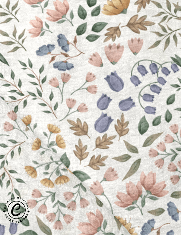 Tecido Fralda Estampada - Coleção Inverno no Bosque - Flores na Neve - 100% Algodão - 70cm x 70cm