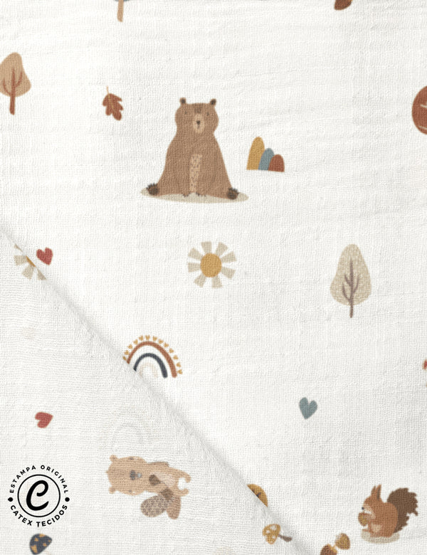 Tecido Fralda Estampada - Coleção Ludi Ateliê - Amigos do Urso - 100% Algodão - 70cm x 70cm