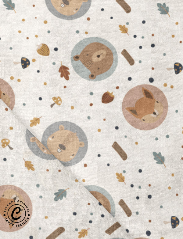 Tecido Fralda Estampada - Coleção Ludi Ateliê - Bichos na Bolha - 100% Algodão - 70cm x 70cm