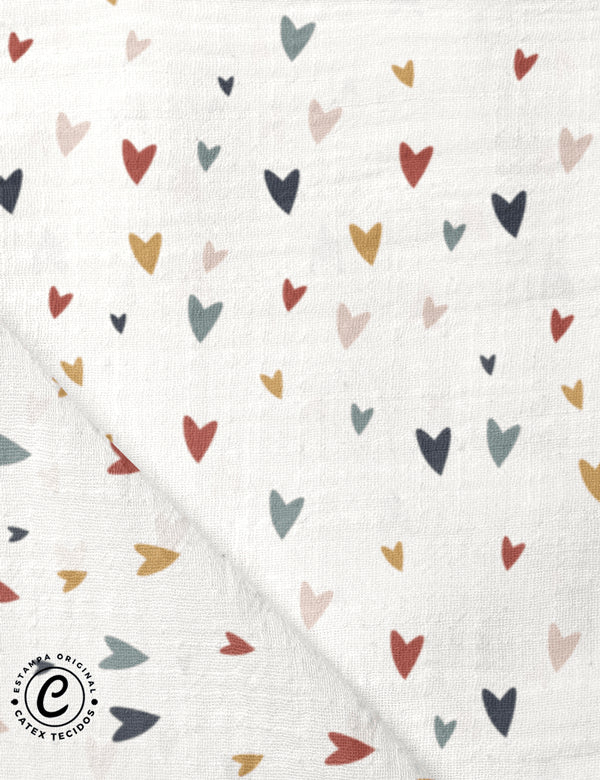 Tecido Fralda Estampada - Coleção Ludi Ateliê - Corações de Outono - 100% Algodão - 70cm x 70cm