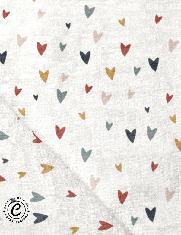 Tecido Toalha Fralda Estampada - Coleção Ludi Ateliê - Corações de Outono - 100% Algodão - 100cm x 70cm