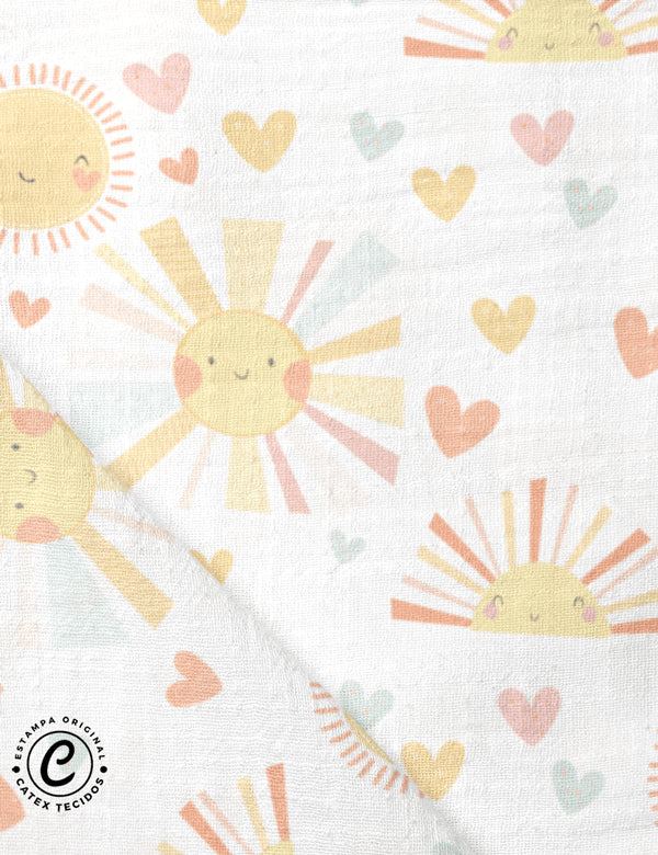 Tecido Fralda Estampada - Coleção Meu Raio de Sol - Corações - 100% Algodão - 70cm x 70cm