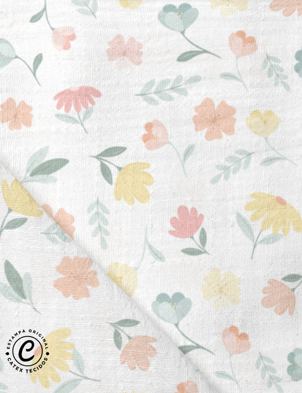 Tecido Fralda Estampada - Coleção Meu Raio de Sol - Flores - 100% Algodão - 70cm x 70cm