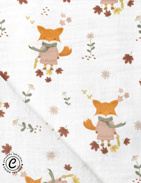 Tecido Fralda Estampada - Coleção Oh My Baby - Miss Fox - 100% Algodão - 70cm x 70cm