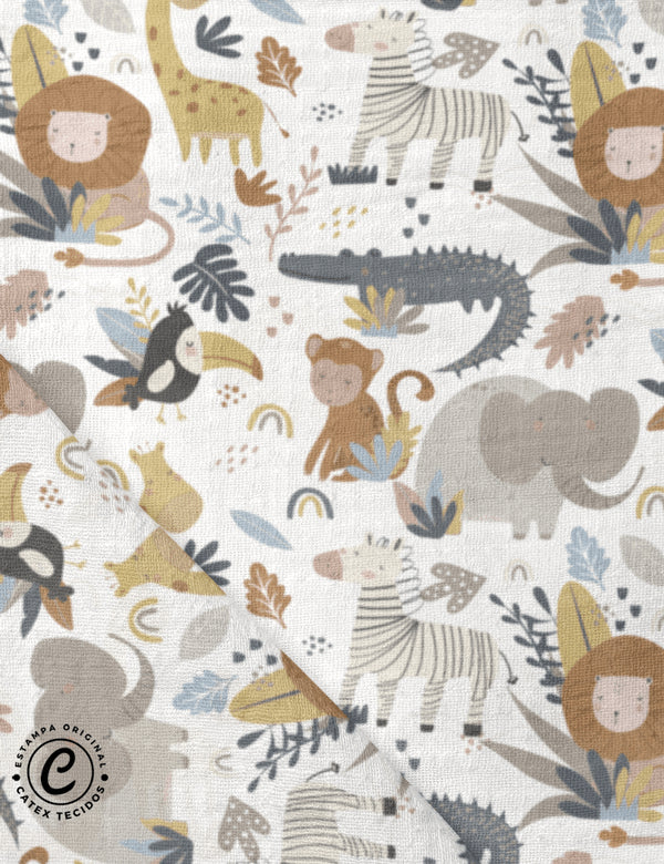 Tecido Fralda Estampada - Coleção Pequeno Safári - Os Animais - 100% Algodão - 70cm x 70cm