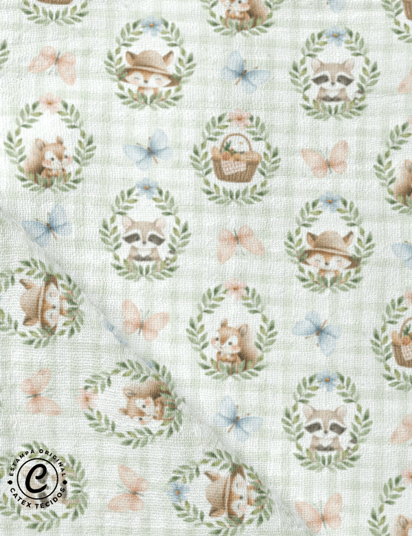 Tecido Fralda Estampada - Coleção Piquenique - Bichinhos e Borboletas - 100% Algodão - 70cm x 70cm