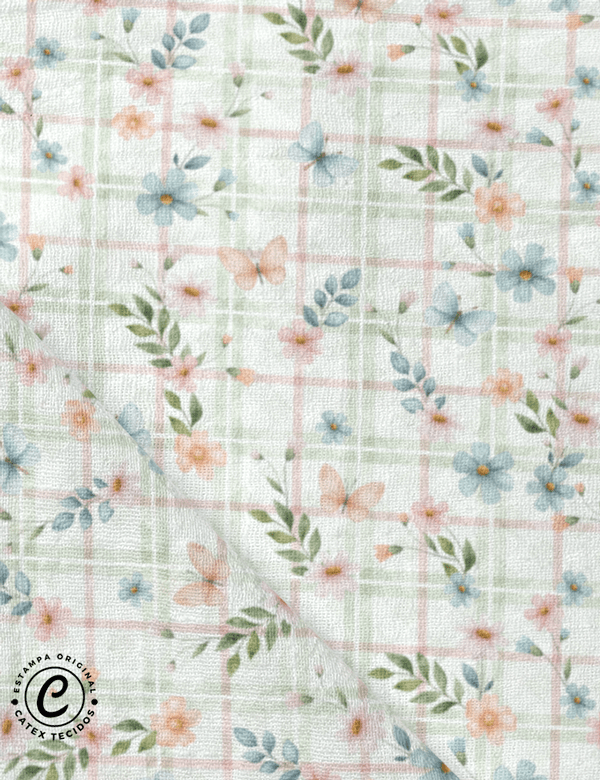 Tecido Fralda Estampada - Coleção Piquenique - Borboletas e Flores - 100% Algodão - 70cm x 70cm