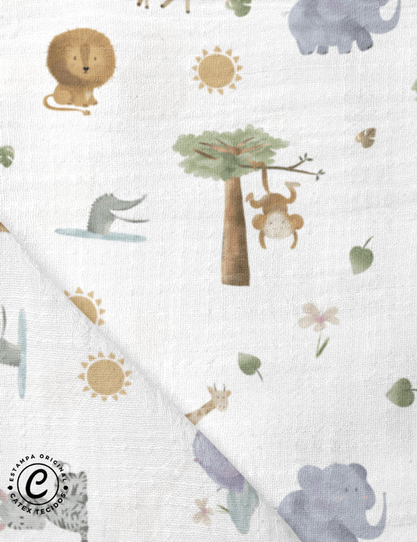 Tecido Fralda Estampada - Coleção Savana Baby por Atelinê For Baby - Banho de Sol - 100% Algodão - 70cm x 70cm