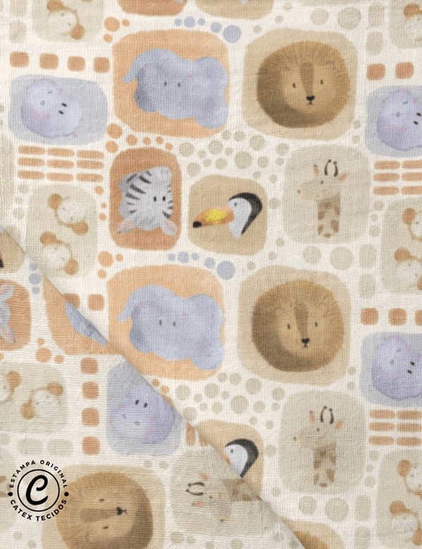 Tecido Fralda Estampada - Coleção Savana Baby por Atelinê For Baby - Carinhas da Savana - 100% Algodão - 70cm x 70cm
