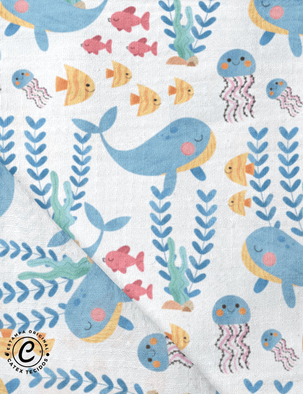 Tecido Fralda Estampada - Coleção Sereias - Fundo do Mar - Fundo Branco - 100% Algodão - 70cm x 70cm