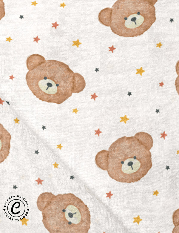 Tecido Fralda Estampada - Coleção Turma dos Ursinhos - Estrelinhas e Ursinhos - 100% Algodão - 70cm x 70cm