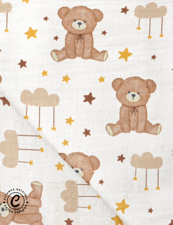 Tecido Fralda Estampada - Coleção Turma dos ursinhos - Nuvens e Ursinhos - 100% Algodão - 70cm x 70cm