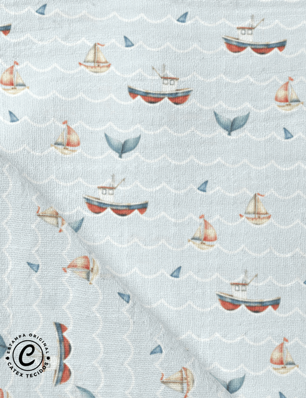 Tecido Fralda Estampada - Ondinhas em Alto Mar - 100% Algodão - 70cm x 70cm