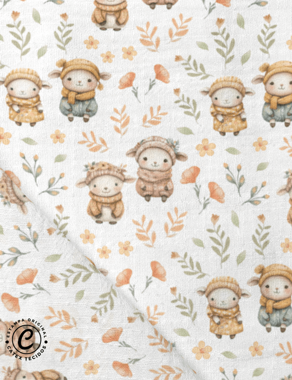 Tecido Fralda Estampada - Ovelhas no Jardim - 100% Algodão - 70cm x 70cm