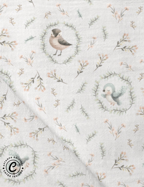 Tecido Fralda Estampada - Passarinhos e Folhas - 100% Algodão - Largura 70 cm
