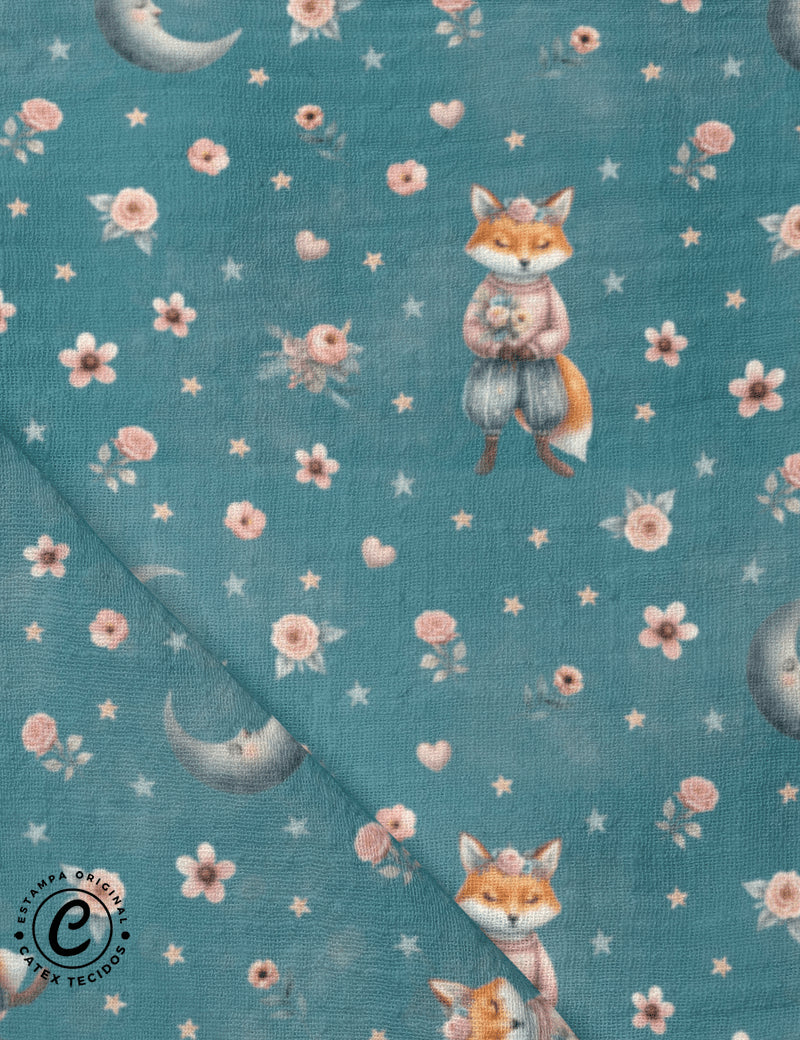 Tecido Fralda Estampada - Raposa Lunar - 100% Algodão - 70cm x 70cm