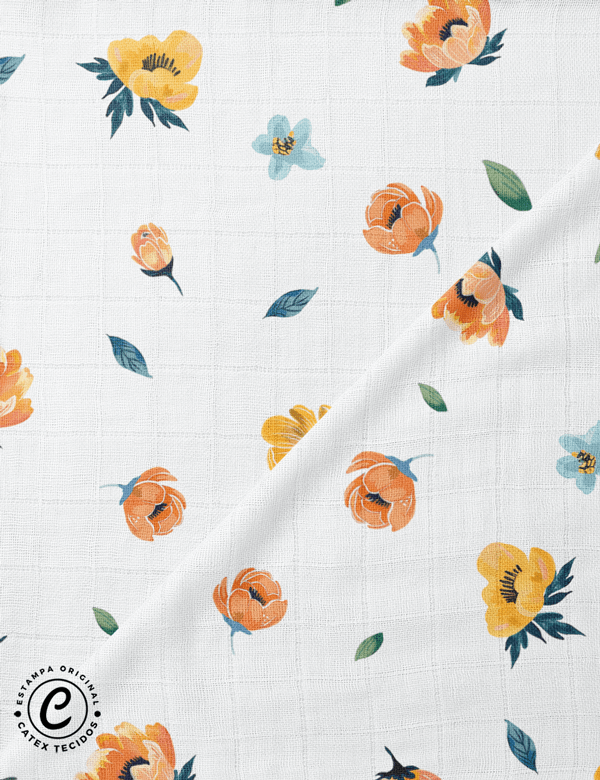 Tecido Fralda Quadriculada Estampada - Coleção Cores da Primavera - Floral Simplicidade - 100% Algodão - 60cm x 70cm