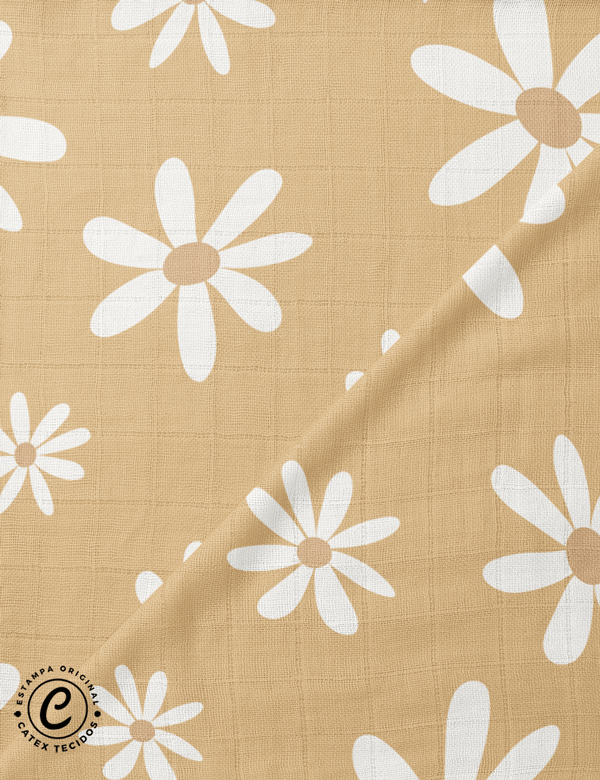 Tecido Fralda Quadriculada Estampada - Coleção Fazenda Feliz - Margaridas - Ocre - 100% Algodão - 60cm x 70cm